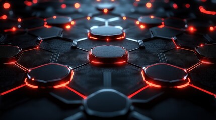 Obraz premium Abstract hexagonal grid with red glowing nodes.