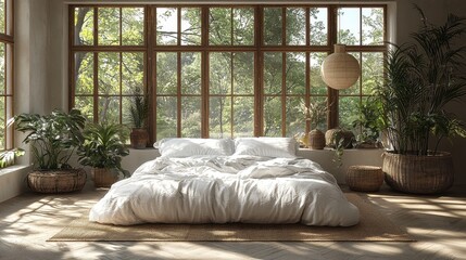 Fototapeta premium Serene and Inviting Bedroom Retreat Featuring Natural Light, Lush Green Plants, and Cozy Linen Bedding Designed for Relaxation and Comfort in a Contemporary Setting