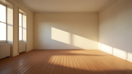 Obraz premium indoor wall and wooden floor under sun light in room for modern house, vintage, empty room and natural lighting