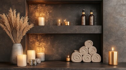 Obraz premium A branded spa product shelf with a luxurious setup of oils, candles, and gold-accented decor.