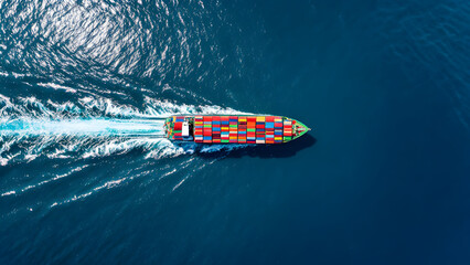 Naklejka premium top view of Cargo container ship carrying container and running out international container port customs shipyard sea port concept smart logistic service.