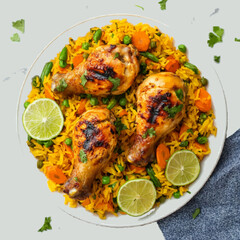 Delicious Grilled Chicken Legs with Yellow Rice and Vegetables