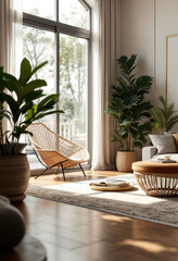 a large window with white curtains, allowing natural light to fill the space. Cozy modern living room with photo frame design