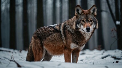 Obraz premium Wolf standing in the snowy forest during winter with a calm expression