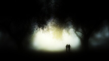 Silhouetted Couple Walking in Misty Forest Path