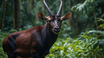 African antelope standing in lush green foliage of the forest
