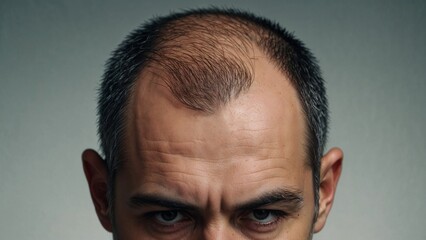 Naklejka premium Balding man with a serious expression, showcasing hair loss and alopecia