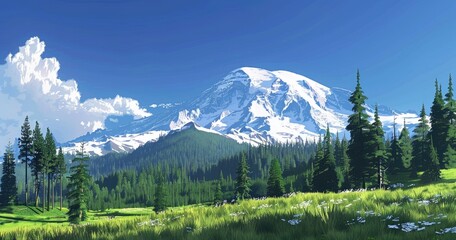 A serene mountain landscape with snow-capped peaks and lush green forests under a clear blue sky.