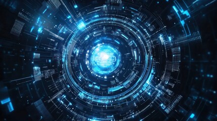Obraz premium Blue glowing digital sphere, futuristic technology, abstract background, website banner