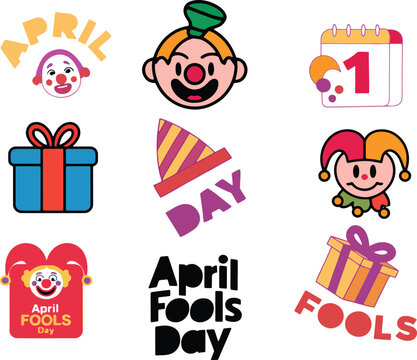 A pril fools day colourful sticker playful cartoon style graphics icon set