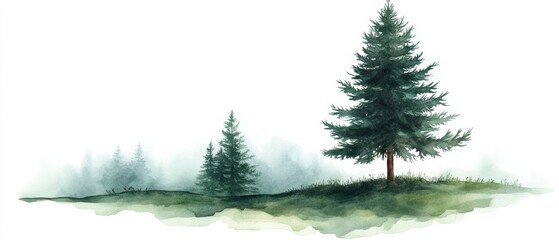 Serene Watercolor Landscape with Evergreen Trees and Misty Background