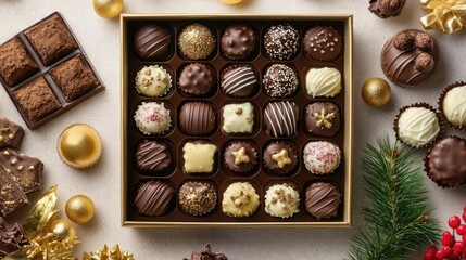 A premium chocolate gift box featuring a variety of pralines and truffles, beautifully arranged and surrounded by soft golden tones.