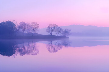 Dawn's Embrace: Silhouettes and Pastel Sky Reflections Over a Tranquil Lake
