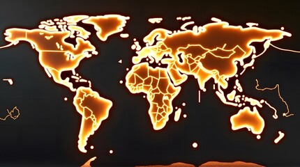 Illuminated World Map Neon Outline Dark Background Global View