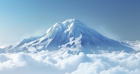 A majestic snow-capped mountain rises above soft, fluffy clouds under a clear blue sky.