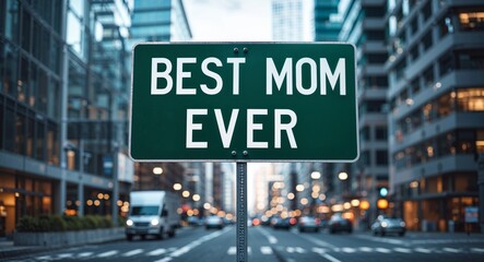 Obraz premium best mom ever text on road sign in middle of modern business city background