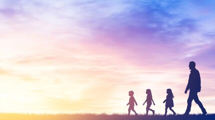 Fototapeta premium Silhouetted Family Walking at Sunset, Peaceful Evening Stroll
