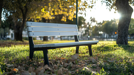 Fototapeta premium Empty park bench surrounded by autumn leaves and sunlight in a serene setting