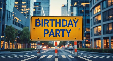 birthday party text on road sign in middle of modern business city background