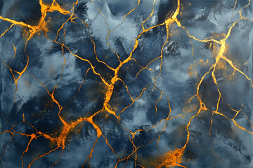 Fototapeta premium Abstract alcohol ink painting, with frozen ice and gold on a dark blue background.