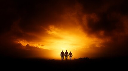 Silhouetted Family Walking into Sunset Glow