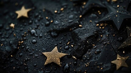 Golden stars scattered on a black stone surface with a golden glitter background