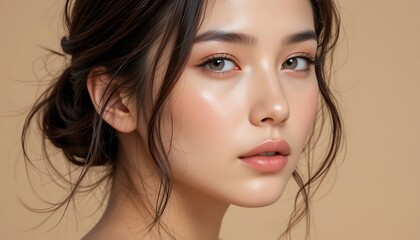 Close-up portrait of a beautiful young woman with flawless skin and a subtle makeup look, showcasing her delicate features and long brown hair styled in a loose bun.