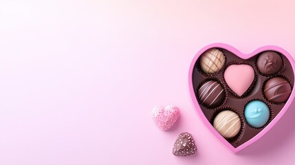 Fototapeta premium A romantic top-down view of a heart-shaped Valentine's Day chocolate box, filled with pralines and styled with a pastel gradient backdrop.