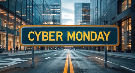 cyber Monday text on road sign in middle of modern business city background