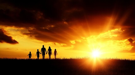 Fototapeta premium Silhouetted Family Walking Sunset Meadow