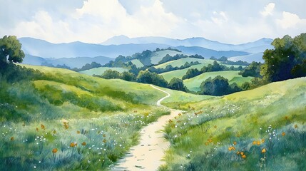 A painting of a path through a grassy field with mountains in the background