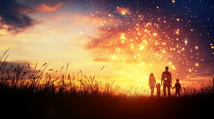 Fototapeta premium Silhouetted Family Watching Magical Sunset Fireworks