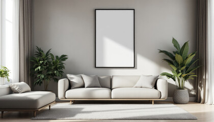 a large white couch, a gray ottoman, and two potted plants, with a blank white picture frame hanging on the wall above the couch. Cozy modern living room with photo frame design