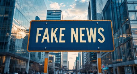 Obraz premium fake news text on road sign in middle of modern business city background