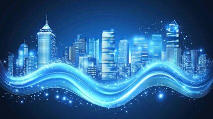 Blue Cityscape Skyline Glowing Energy Waves Night Scene