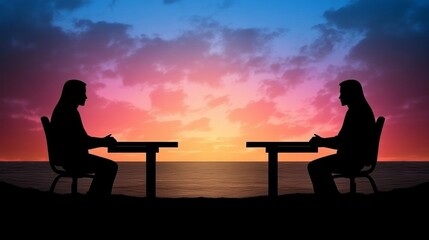 Obraz premium Silhouetted Figures at Sunset Business Negotiation
