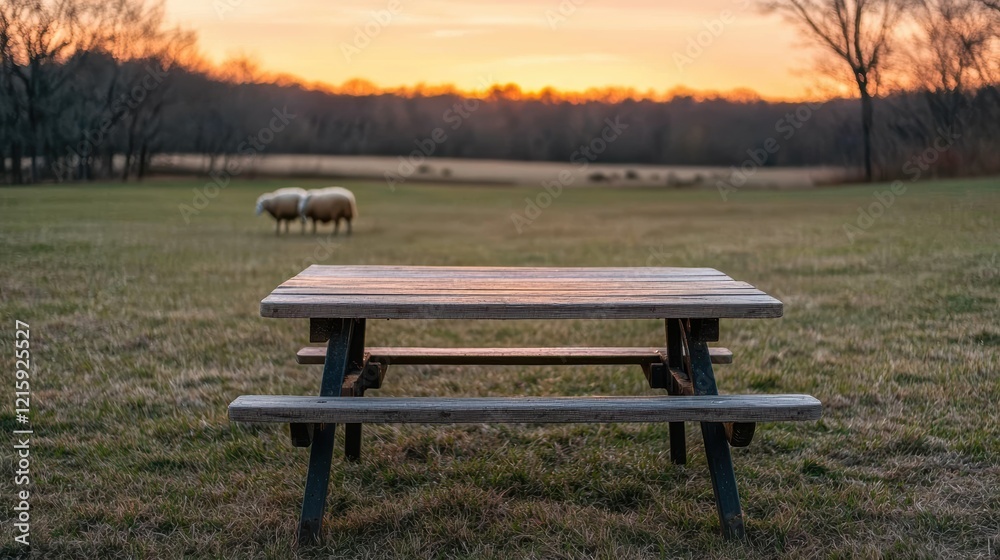 Poster Picnic table inviting to rest in a farm at sunset with sheep grazing