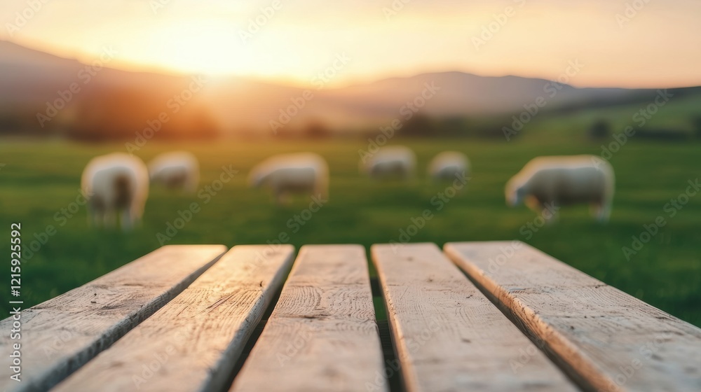 Poster Empty picnic table inviting to admire sheep grazing in a green field at sunset
