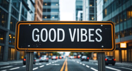 Fototapeta premium good vibes text on road sign in middle of modern business city background