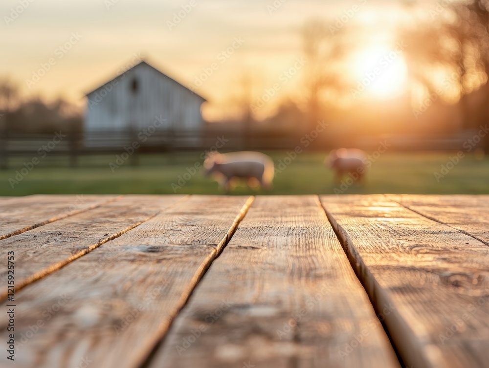 Poster empty wooden table with blurred farm and sheep grazing in the background at sunset