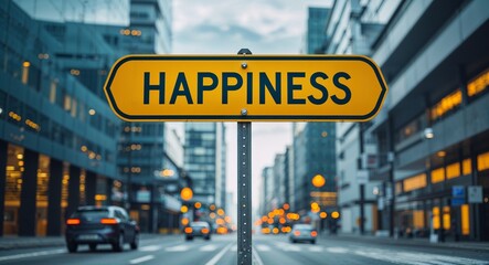 Obraz premium happiness text on road sign in middle of modern business city background