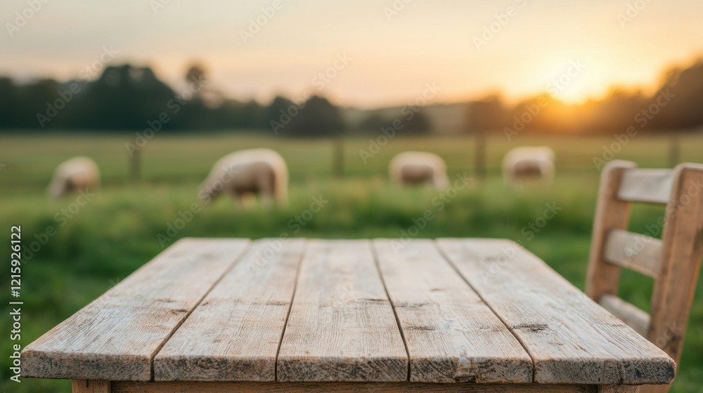 Aufkleber empty wooden table with sheep grazing in the background at sunset