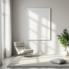 a large white picture frame hanging on the wall, a comfortable chair, and a potted plant, creating a cozy and inviting atmosphere. Cozy modern living room with photo frame design
