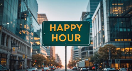 Obraz premium happy hour text on road sign in middle of modern business city background