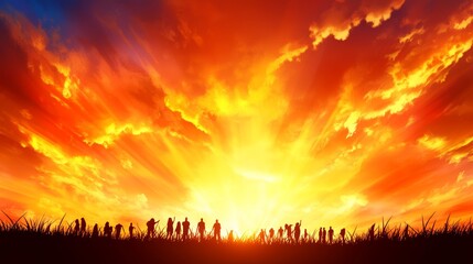 Fototapeta premium Silhouetted Figures Witnessing a Fiery Sunset