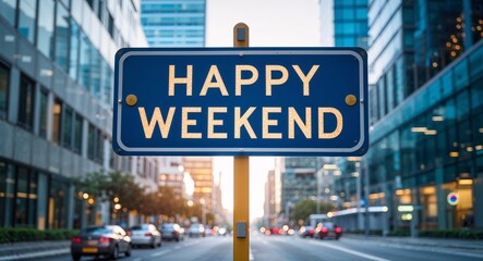 Obraz premium happy weekend text on road sign in middle of modern business city background