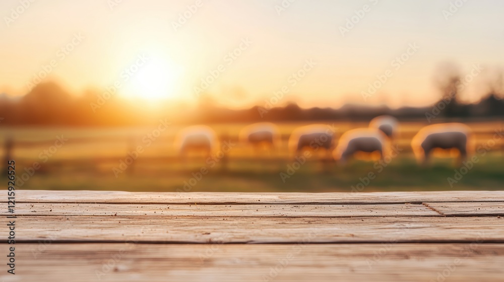 Poster empty wooden table with sheep grazing in background at sunset
