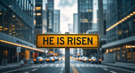 Obraz premium he is risen text on road sign in middle of modern business city background