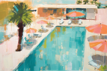 contemporary above view painting of a retro style Palm Springs resort with umbrellas, chairs, pool, and palm trees using muted pastel colors