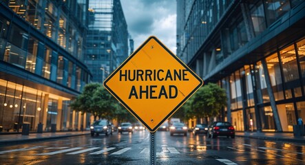 Obraz premium hurricane ahead text on road sign in middle of modern business city background